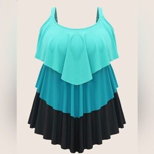 Colorblock Contrast Ruffle Layered Hem Tankini Top